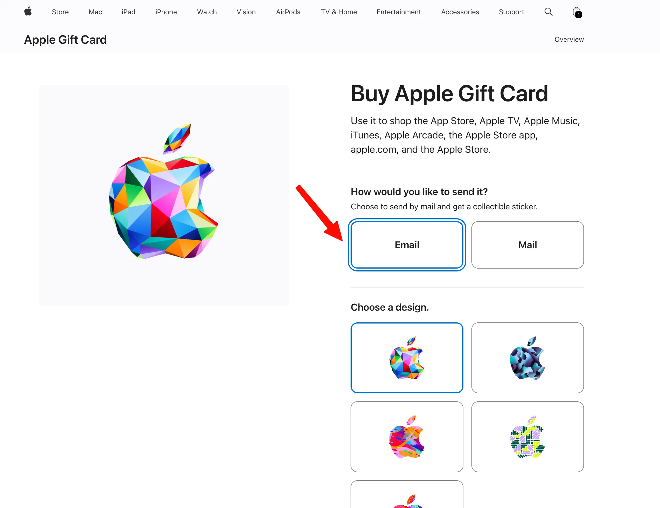 Apple 美国官网礼品卡页面,发送方式选 Email