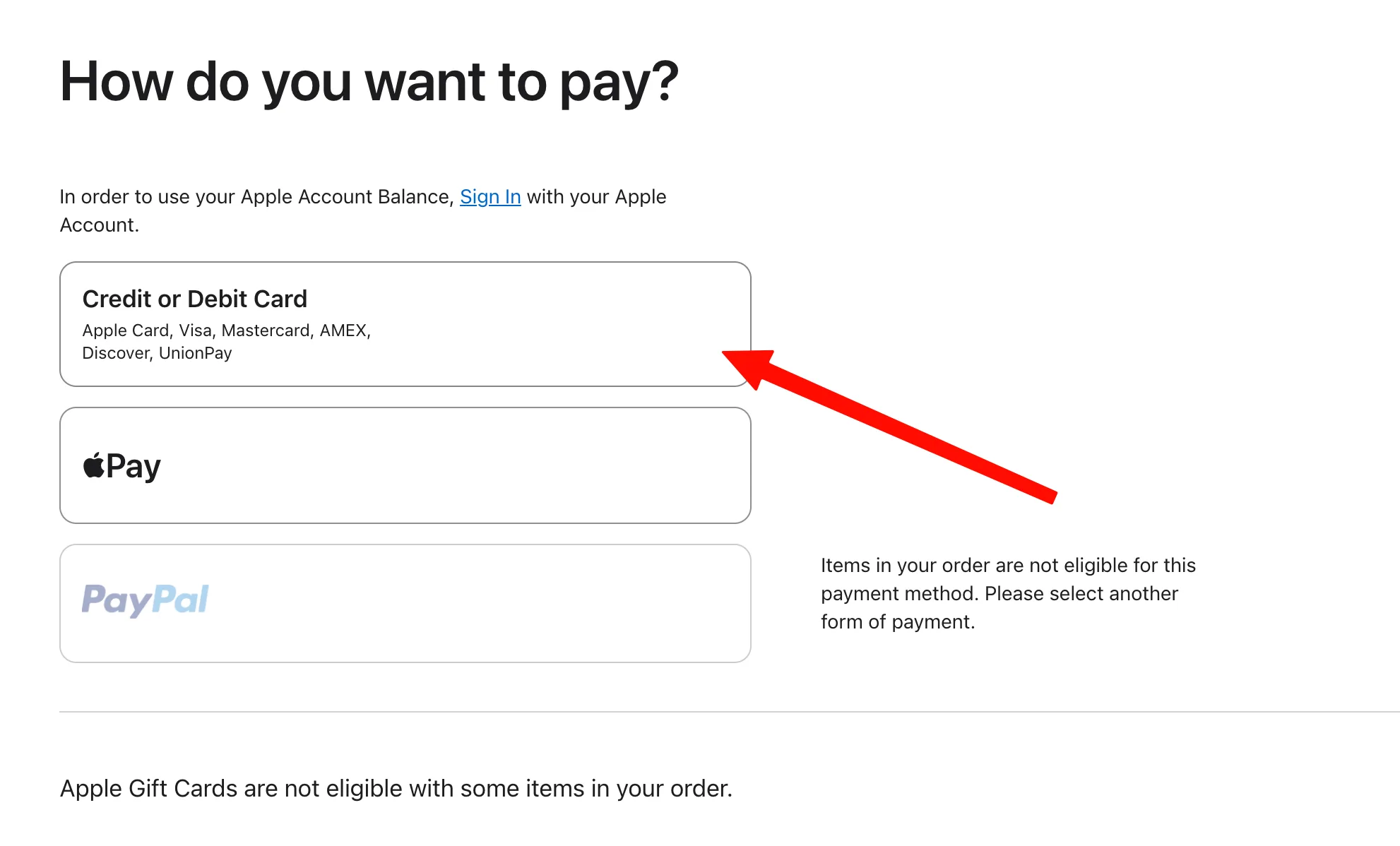付款方式页面:Credit or Debit Card 支持 UnionPay,另有 PayPal