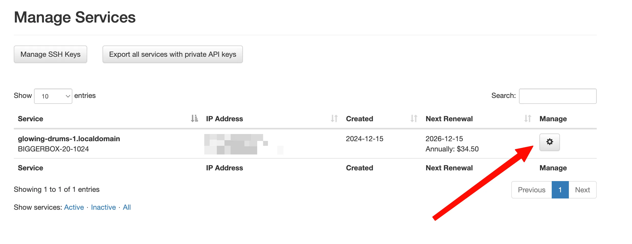 BandwagonHost 客户后台 Manage Services 列表，点击右侧齿轮图标进入服务管理