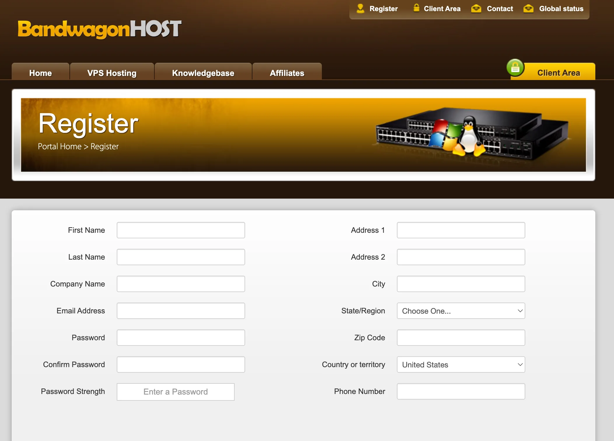 BandwagonHost 注册页填写 First Name、Email、Password、Country 等账单资料