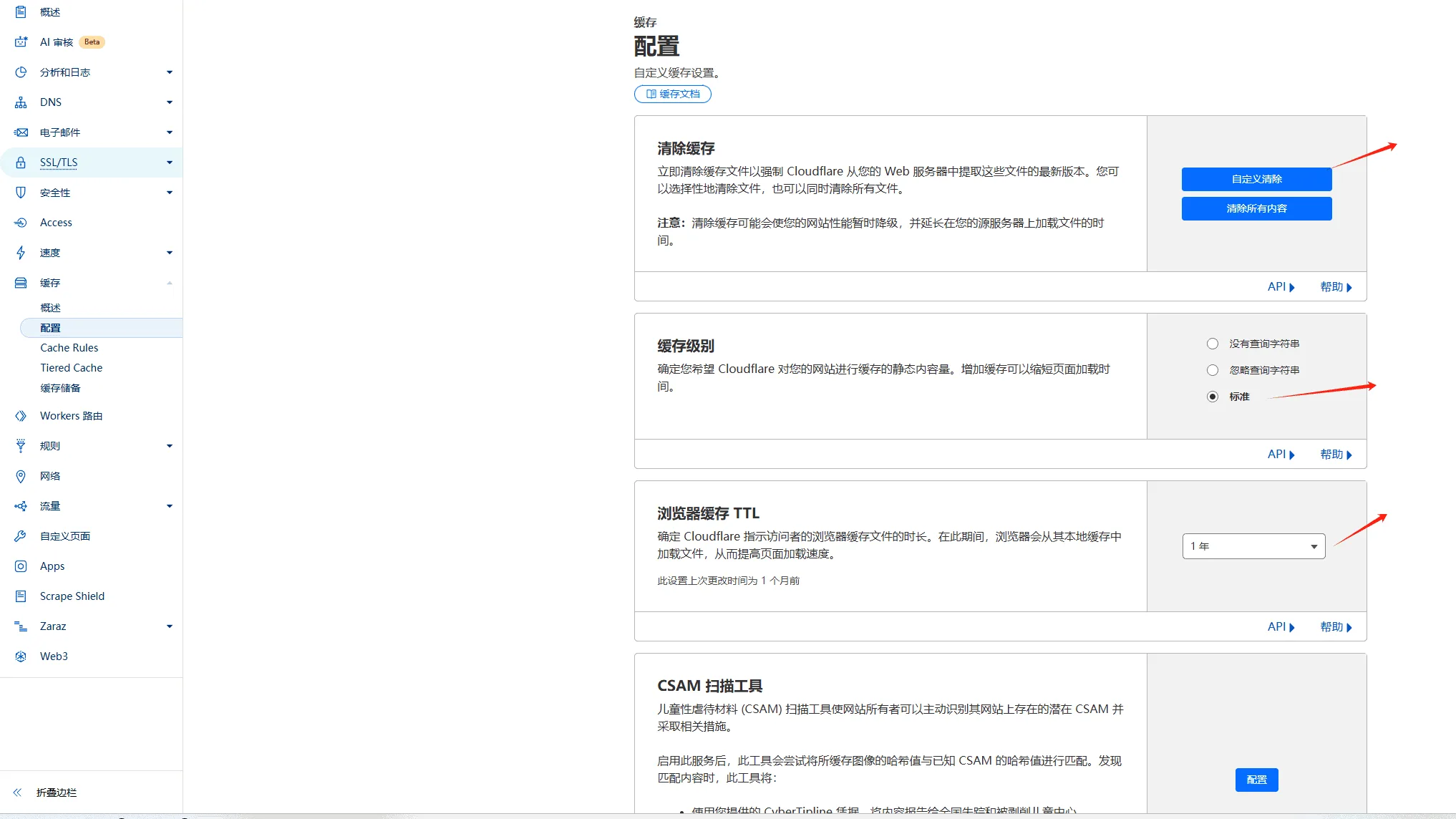 缓存配置:缓存级别、浏览器缓存 TTL、Always Online