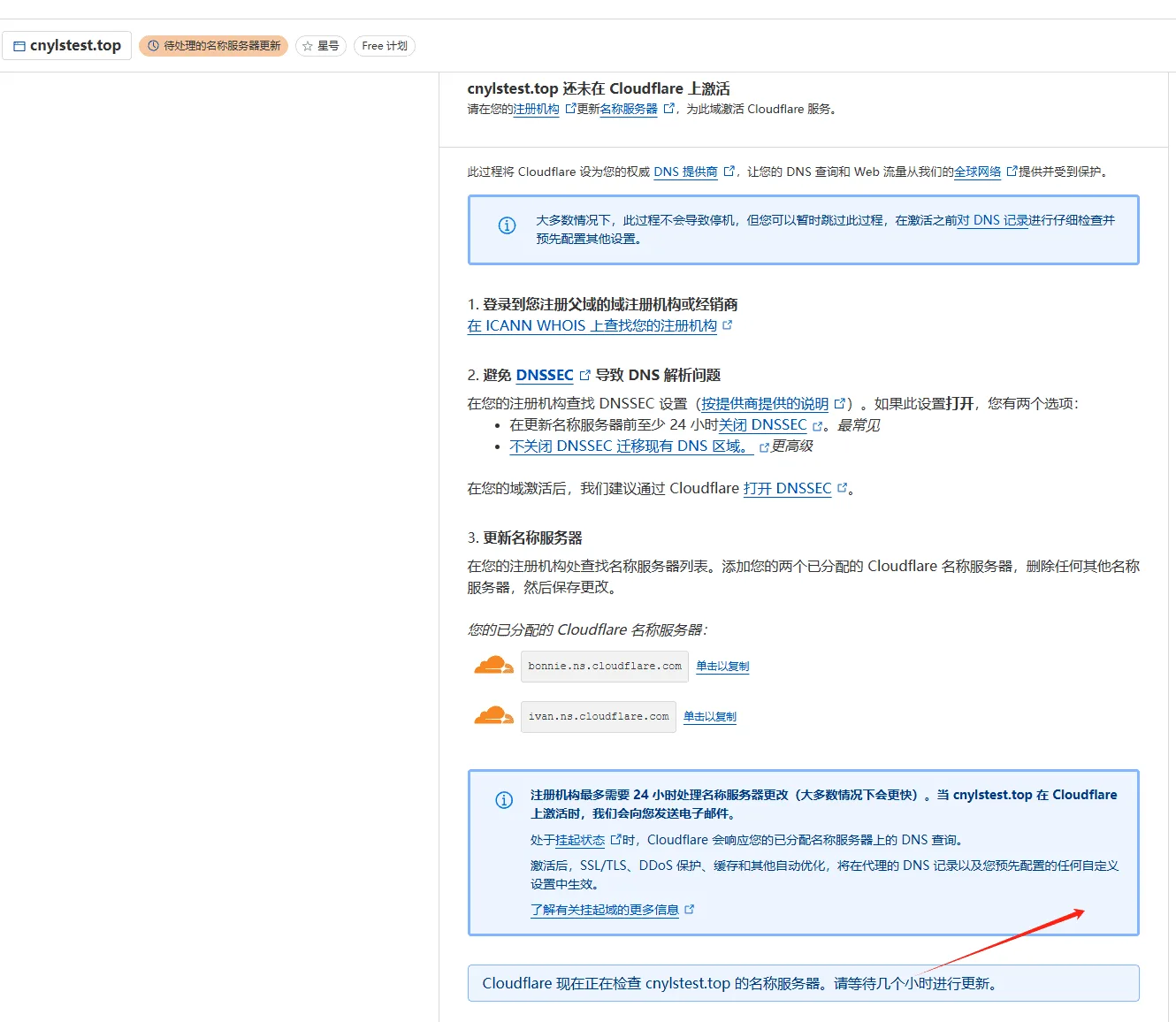 回到 Cloudflare 会出现等待域名服务器生效的提示