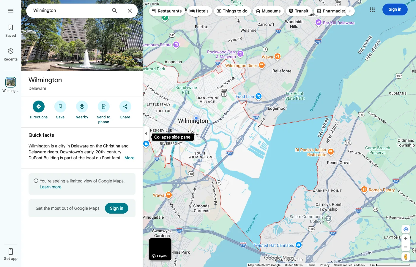 在 Google 地图搜索免税州城市 Wilmington, Delaware