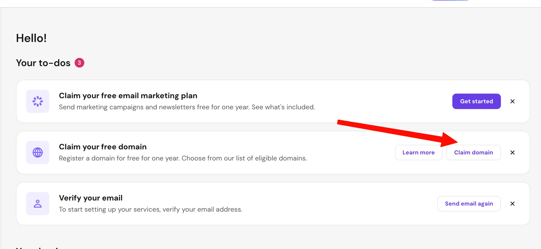 hPanel 首页 Your to-dos 列表,点击 Claim domain 按钮开始领取