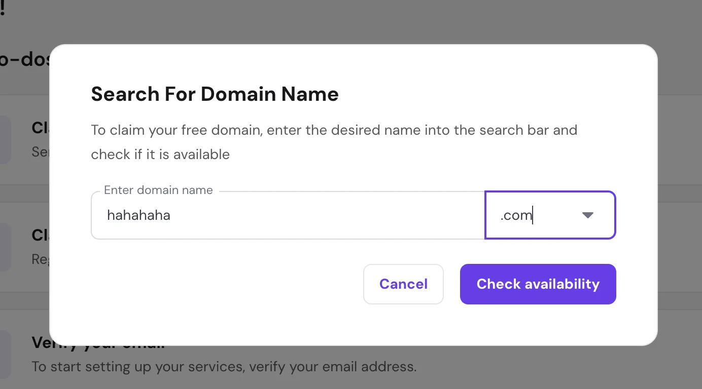 弹出 Search For Domain Name 对话框,输入域名后点 Check availability 查询