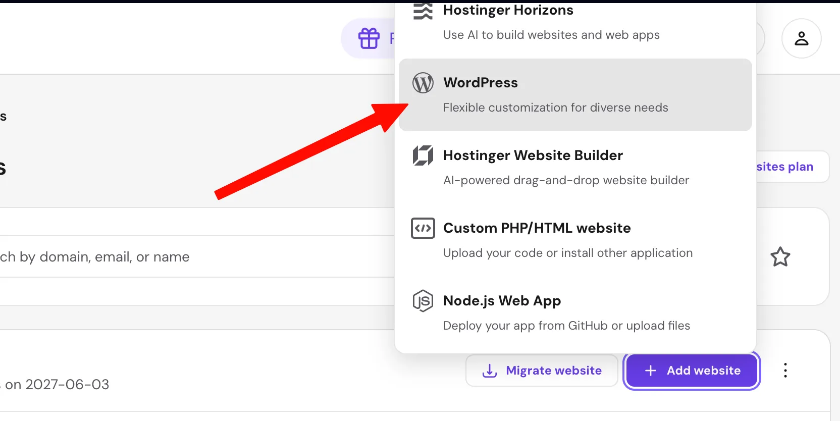 网站类型选择,点击 WordPress