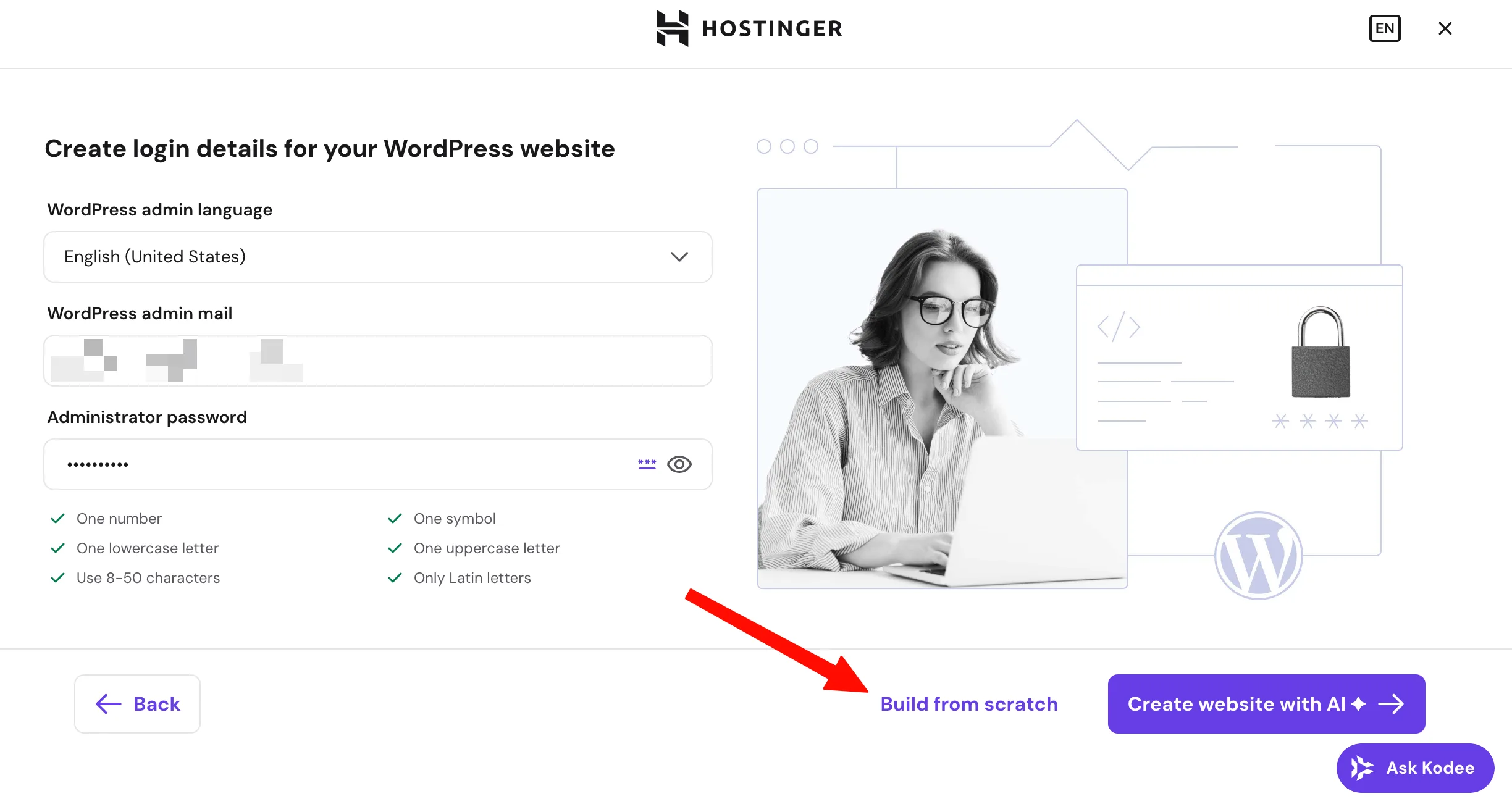 填写 WordPress 管理员邮箱与密码,点击 Build from scratch 创建空白网站