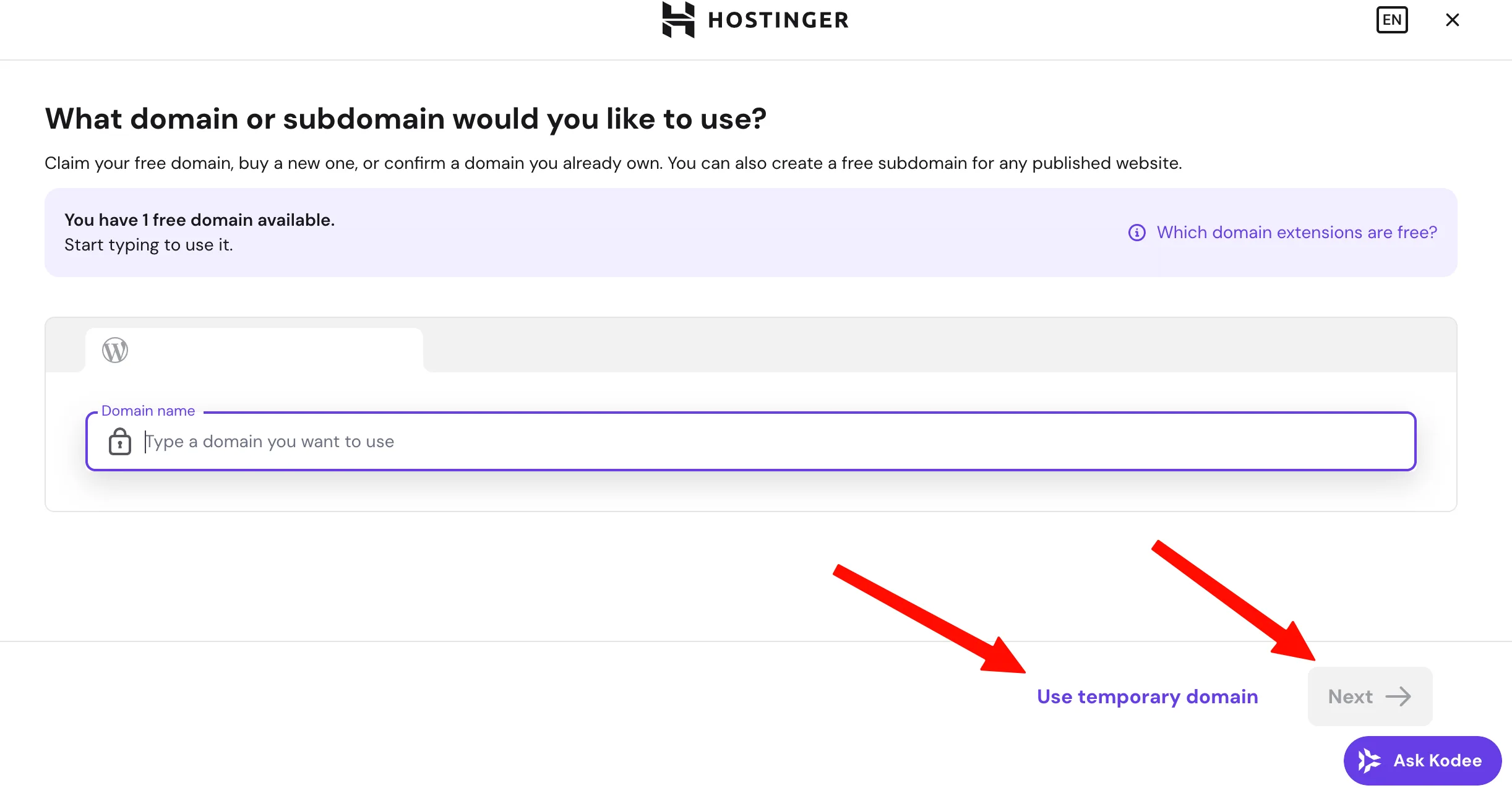 域名选择步骤:输入域名,或点 Use temporary domain 先用临时域名