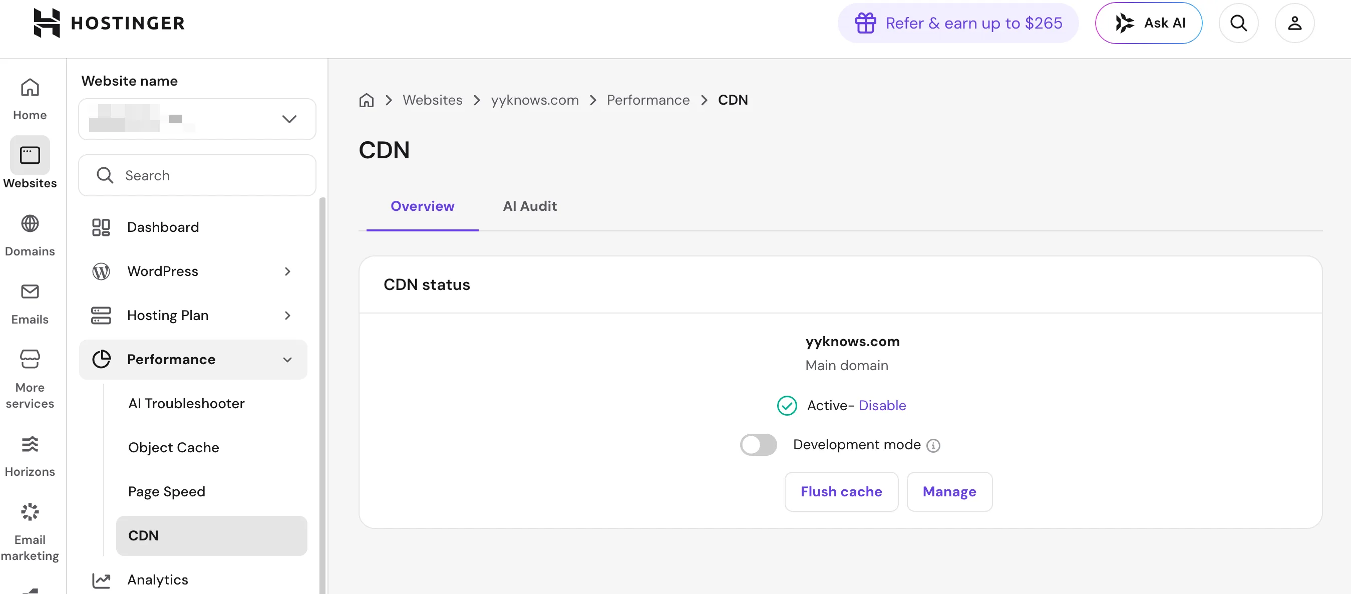 Performance → CDN 页面,CDN 状态显示 Active 已生效