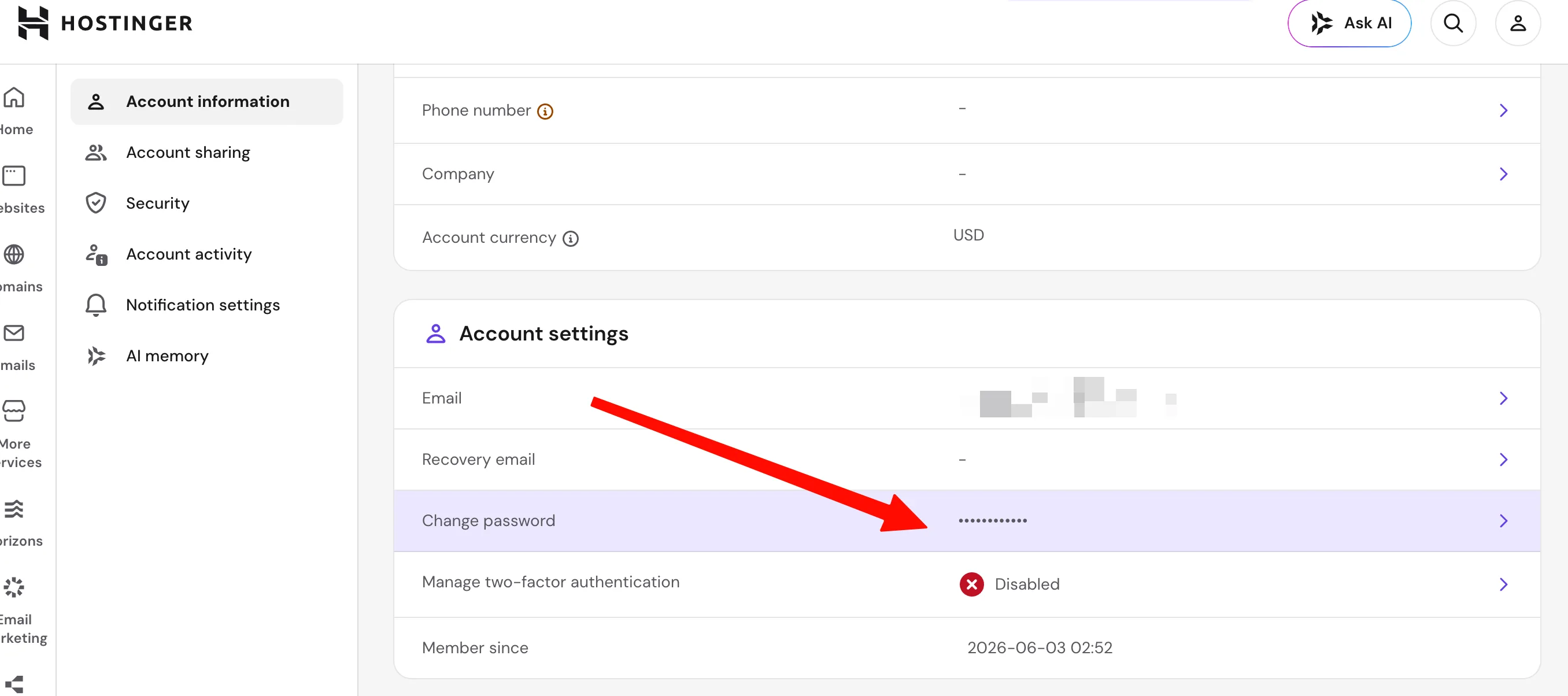 Account Information 页面 Account settings 区块,点击 Change password 行右侧箭头