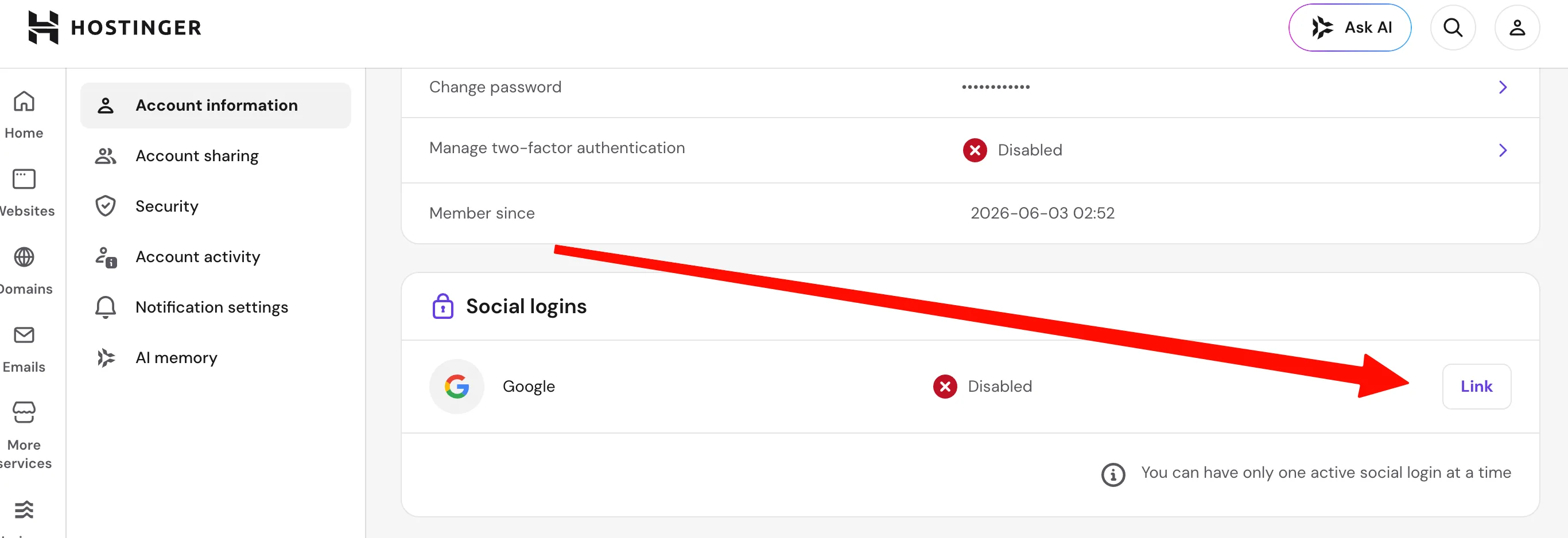 Account Information 页面 Social logins 区块,点击 Google 旁的 Link 按钮绑定
