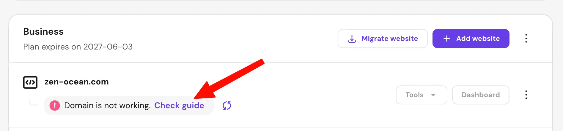 Websites 列表显示 "Domain is not working",点 Check guide 进入接入向导