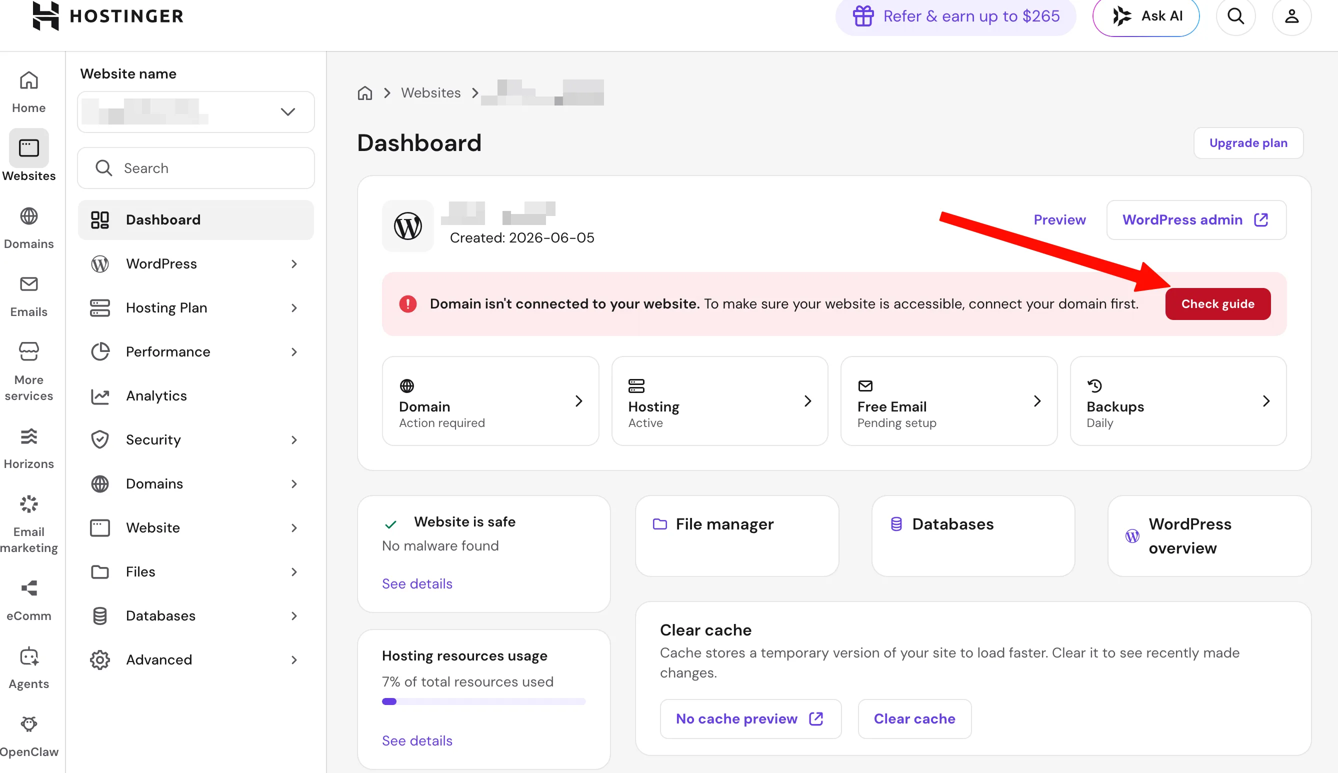 网站 Dashboard 顶部显示域名未连接提示,点 Check guide 按钮