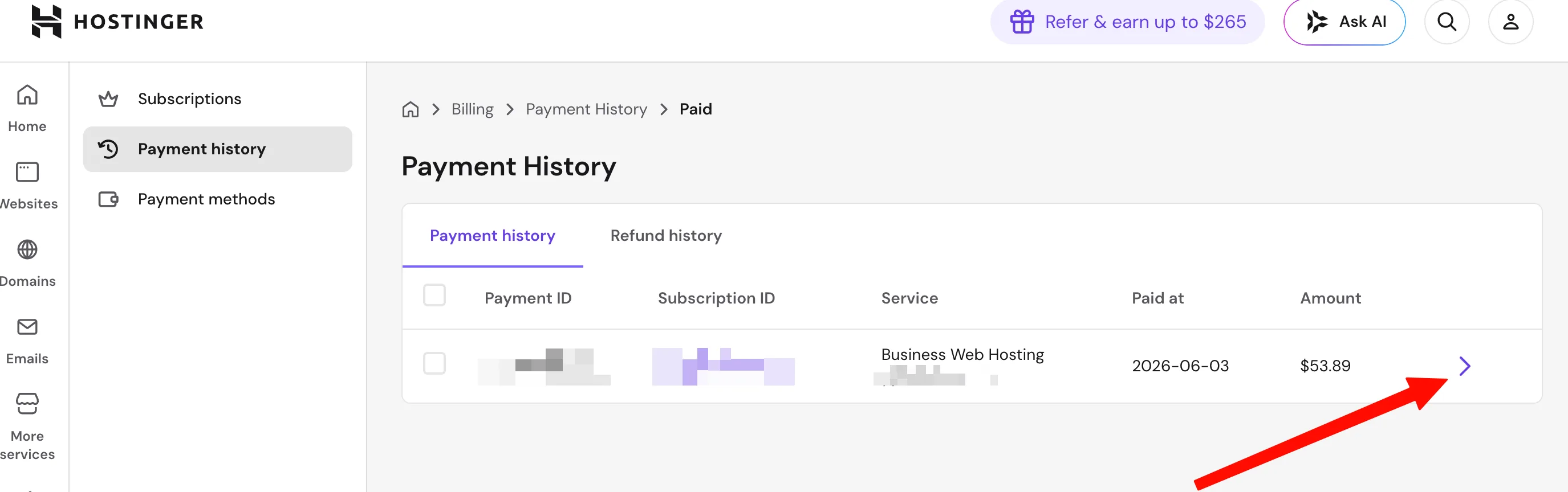 Billing → Payment History 页面,点右侧箭头展开后可下载 PDF 发票