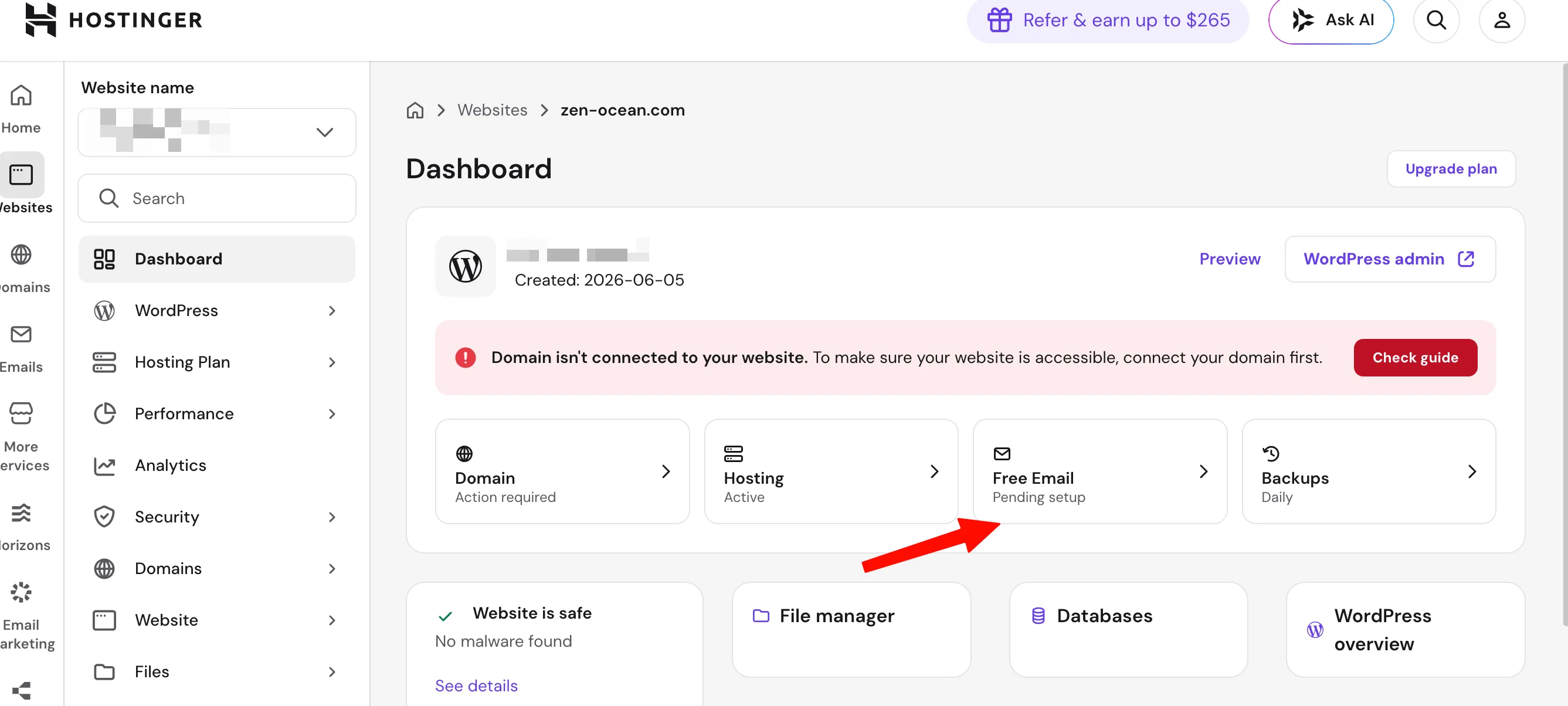 网站 Dashboard 概览,点击 Free Email 卡片开始设置企业邮箱
