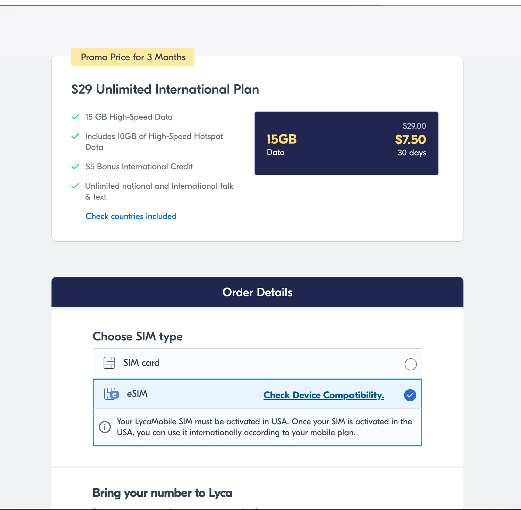 Lycamobile 下单页选择 eSIM,$29 Unlimited International Plan 套餐