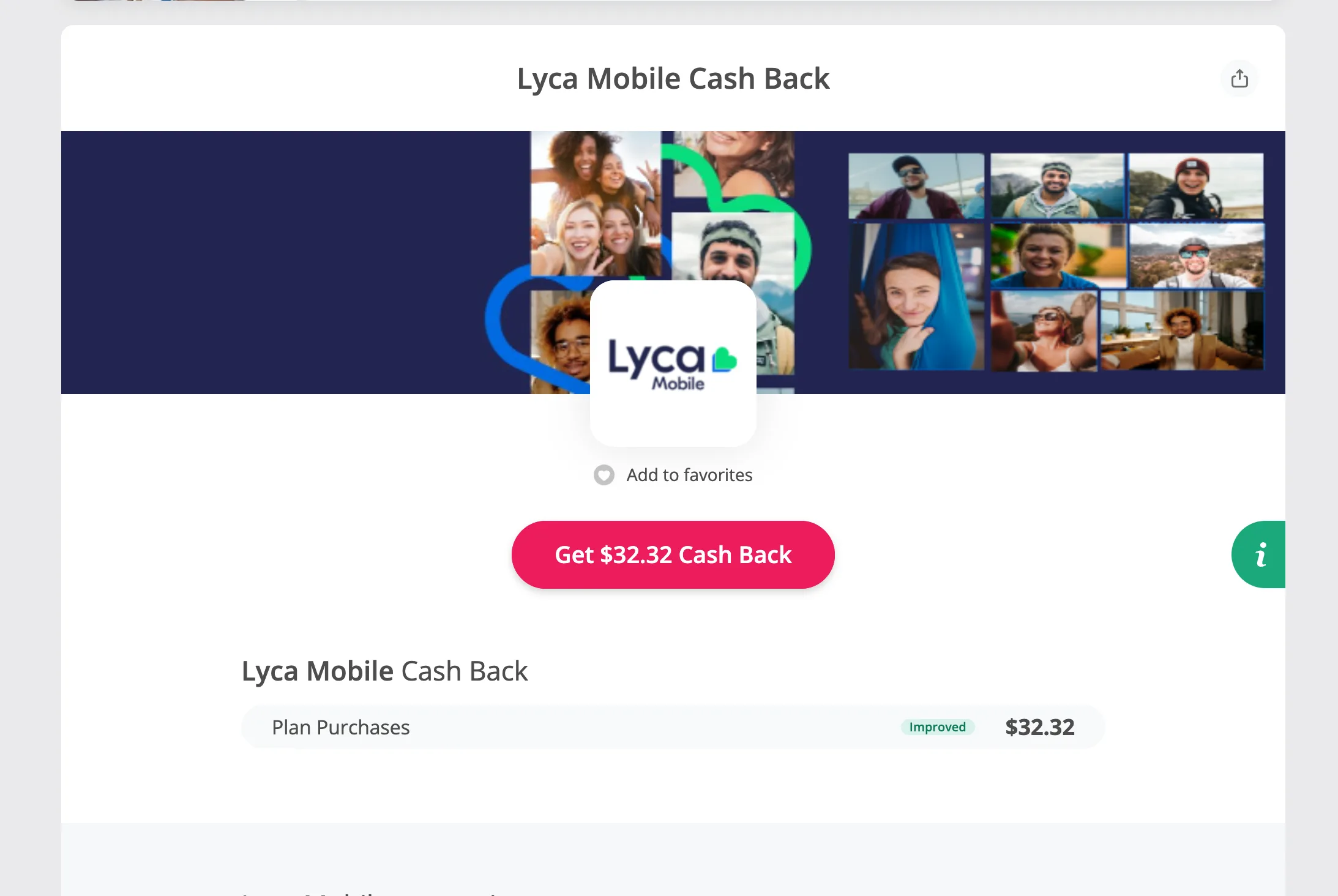 TopCashback Lyca Mobile 返现详情页,当前 Plan Purchases 返现 $32.32