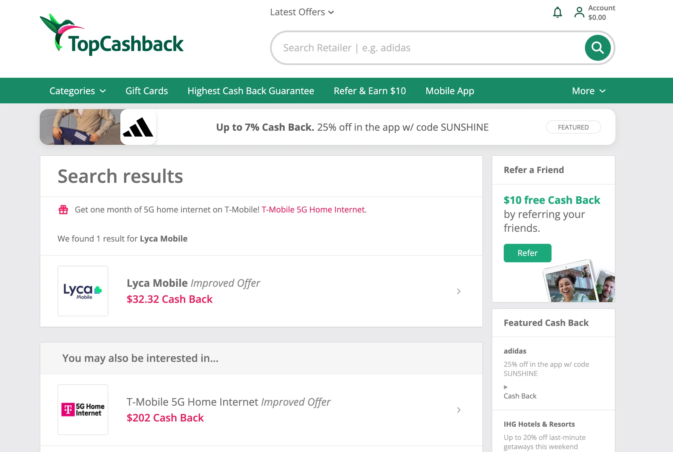 TopCashback 搜索 Lyca Mobile,显示 $32.32 Cash Back 返现活动
