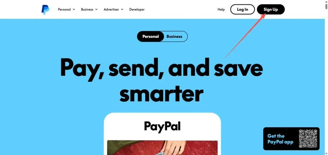 PayPal 注册入口,点击右上角 Sign Up