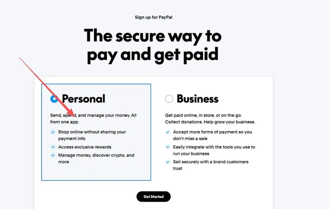 PayPal 账户类型选择页面,个人付款选 Personal