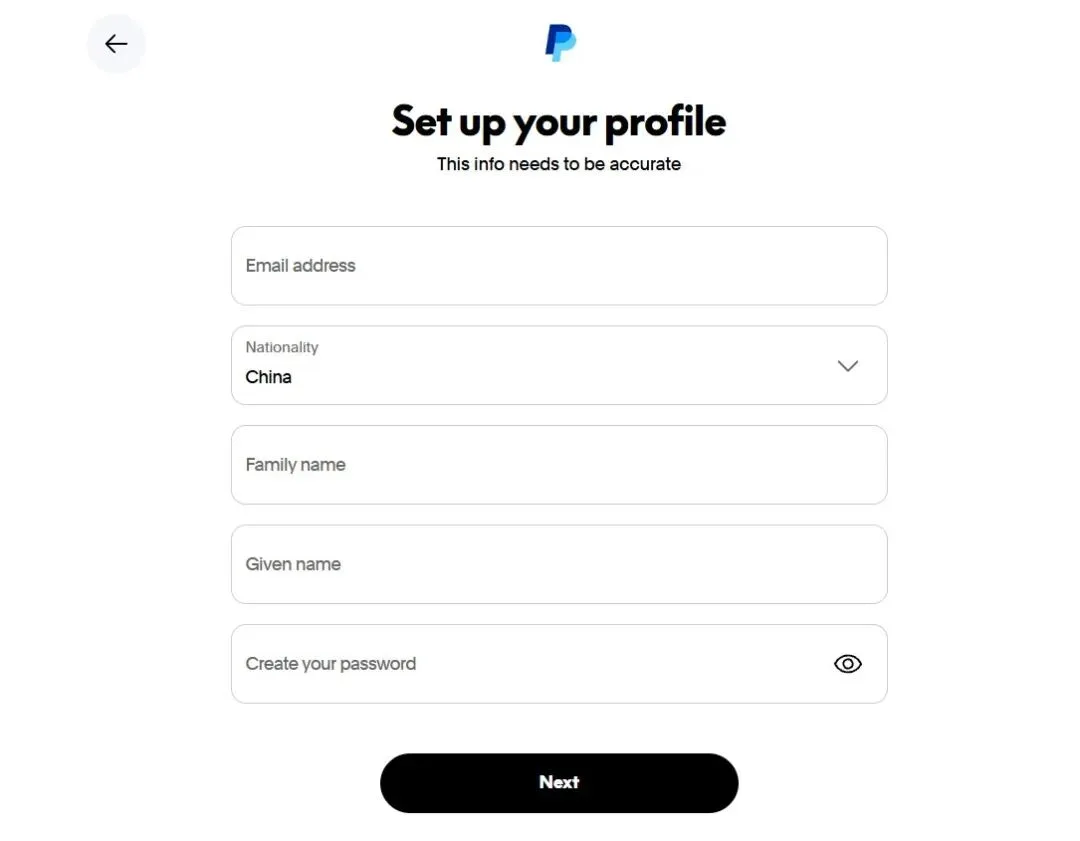 PayPal 个人资料页面,填写邮箱、国籍、姓名和密码
