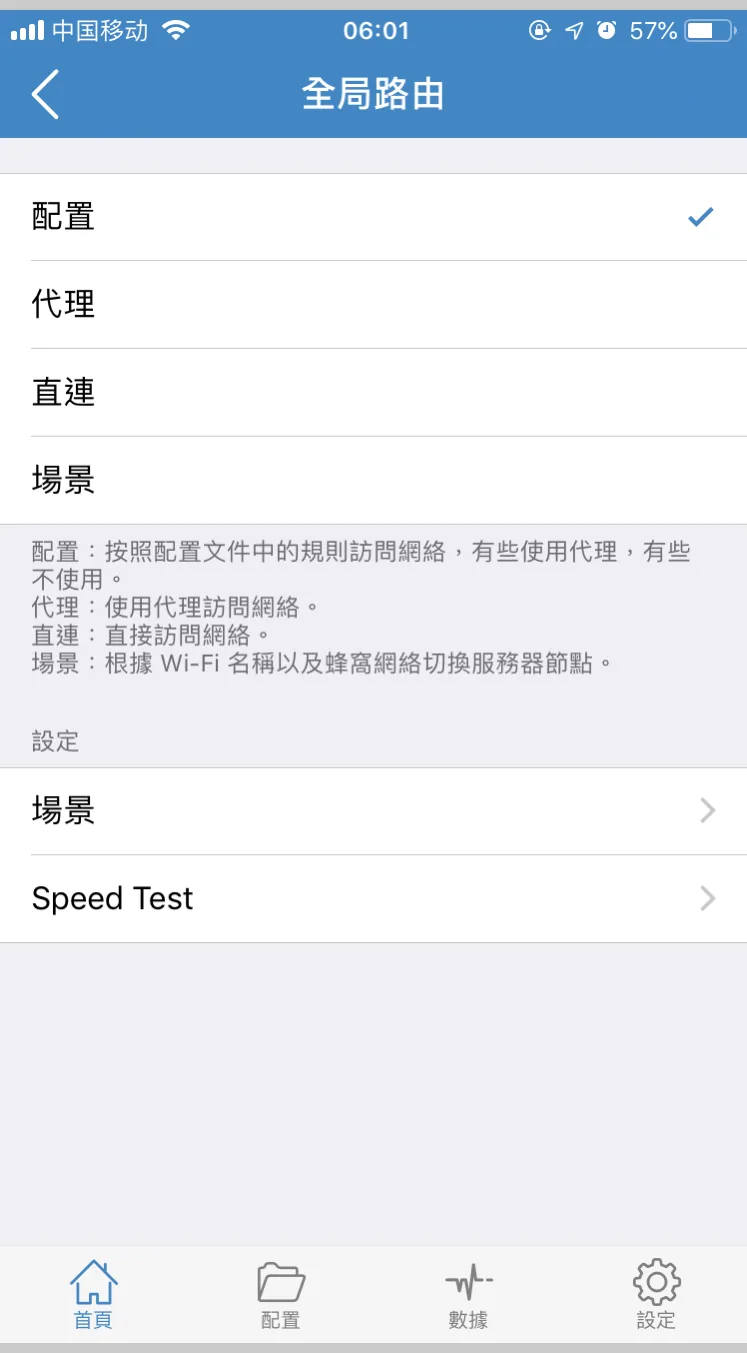 Shadowrocket 全局路由页面,可选择配置、代理、直连、场景四种模式