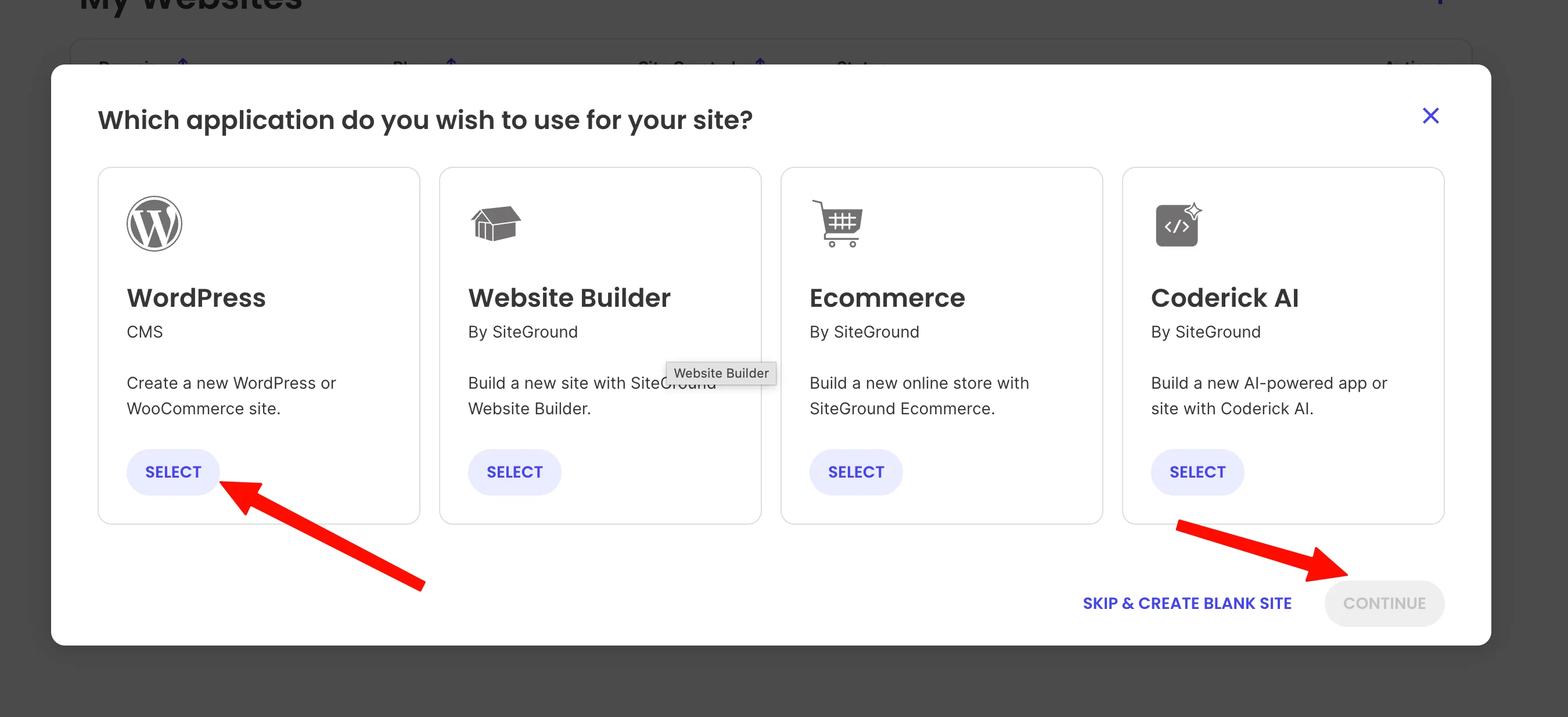 选择建站应用:点击 WordPress 卡片下方 SELECT,再点 CONTINUE