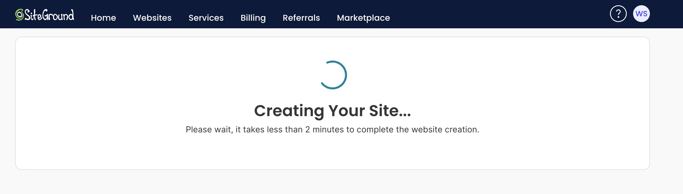 Creating Your Site... 加载画面,等待约 1-2 分钟即可完成