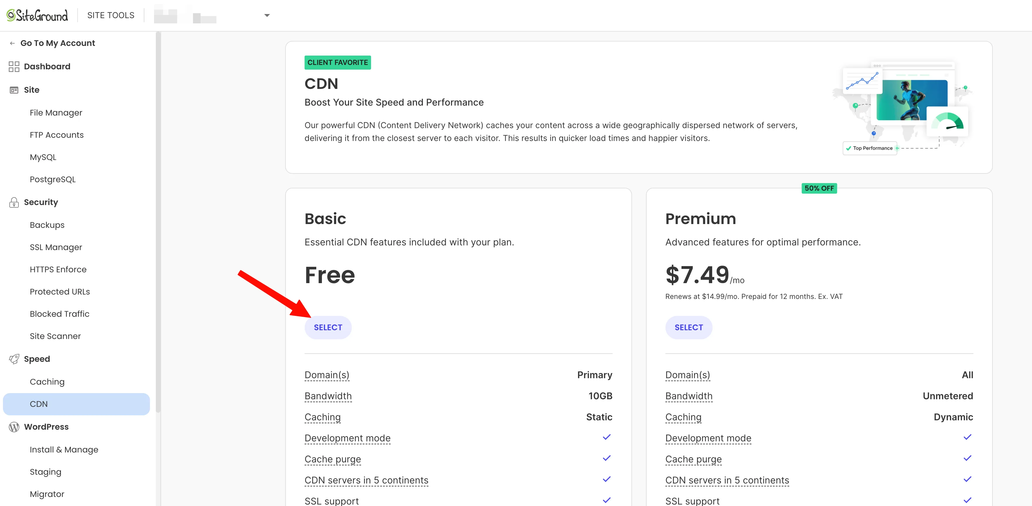 Site Tools → Speed → CDN 页面,点击 Basic 免费套餐下的 SELECT 开启 CDN