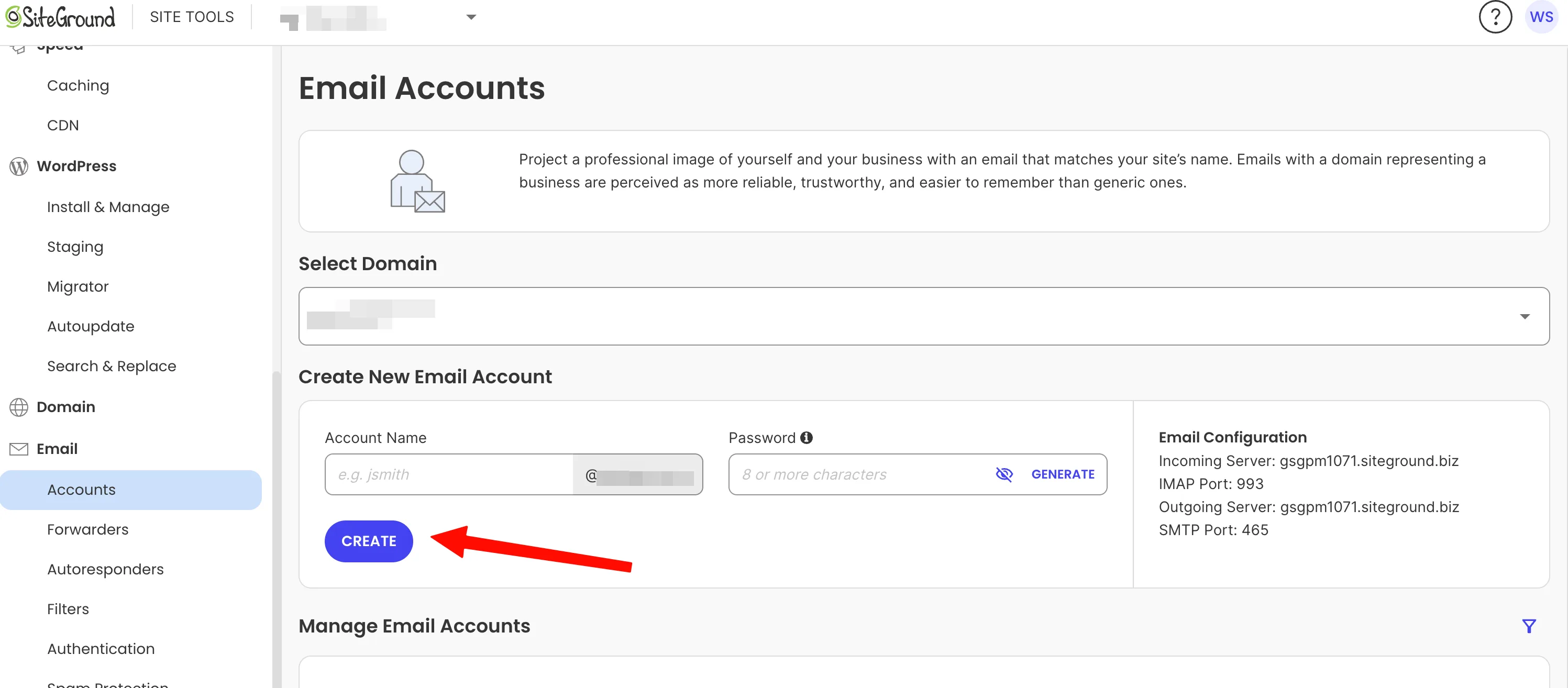 Site Tools → Email → Accounts,填写邮箱前缀和密码后点 CREATE,右侧显示 IMAP/SMTP 服务器信息