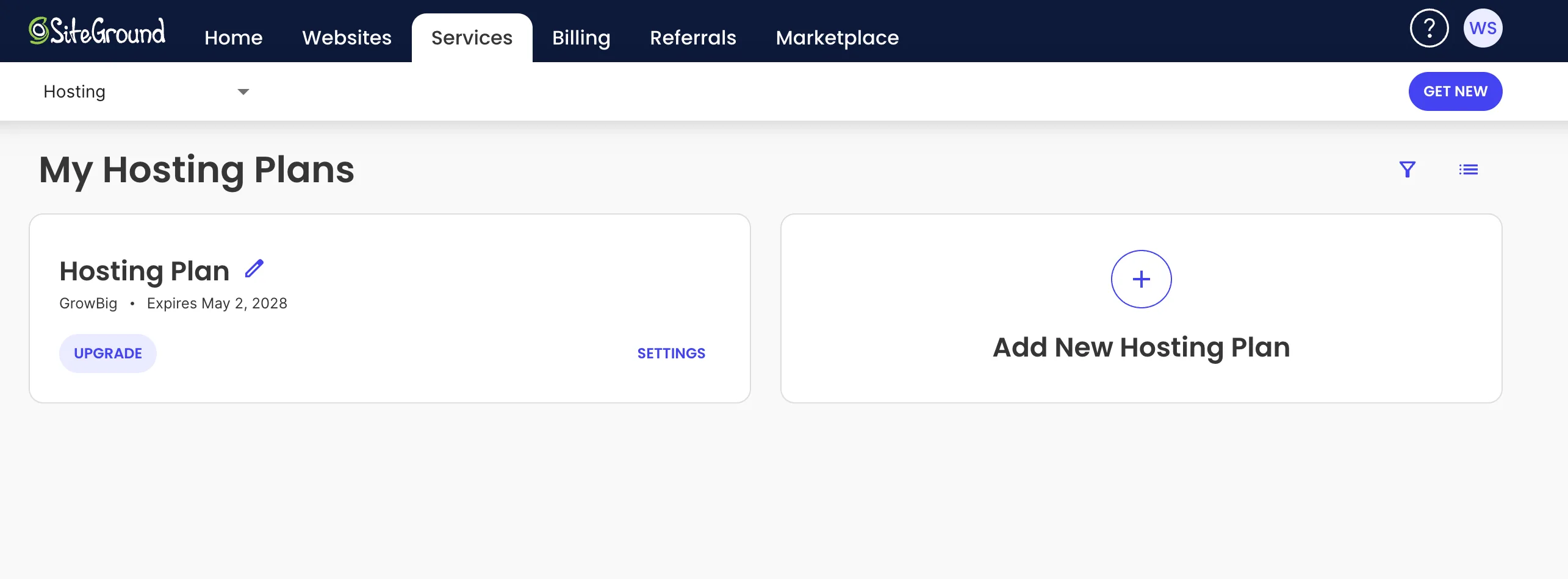 Client Area → Services → Hosting,My Hosting Plans 页面显示套餐名称和到期日期