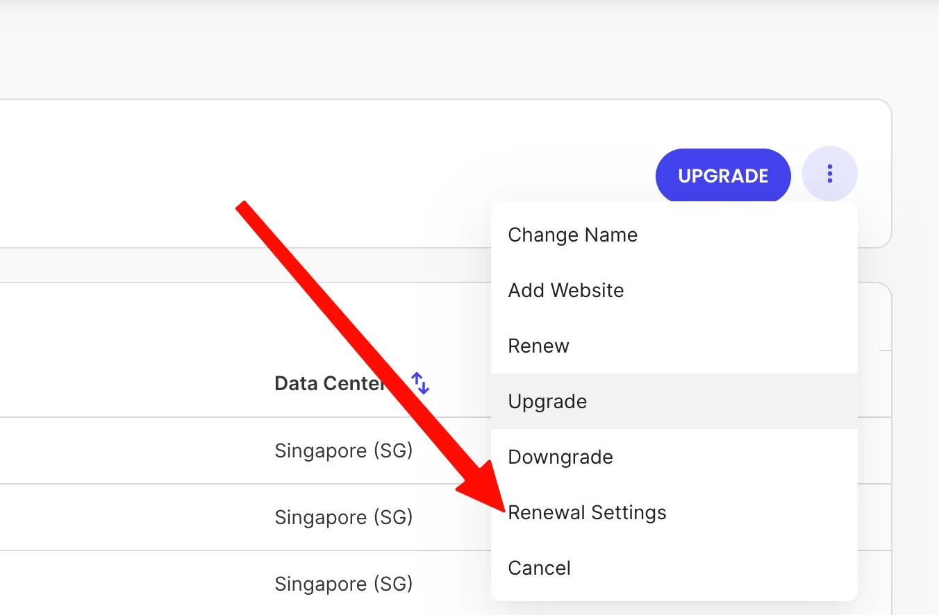 套餐卡片三点菜单展开,点击 Renewal Settings