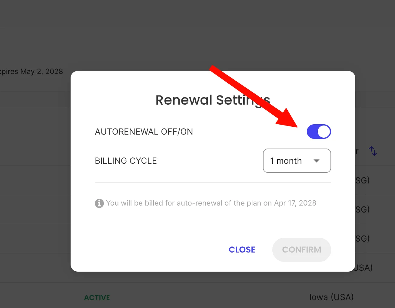 Renewal Settings 弹窗:AUTORENEWAL 开关和 BILLING CYCLE 下拉菜单